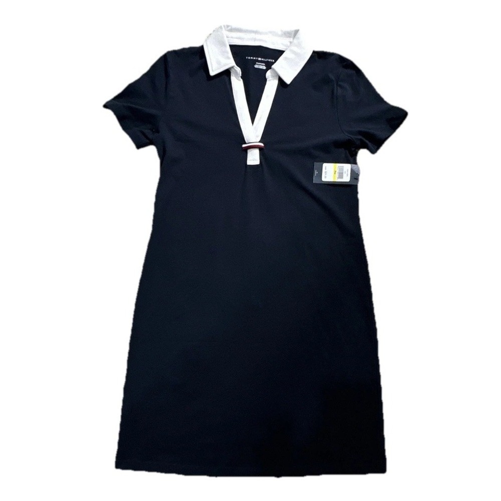 Tommy Hilfiger Women's Petites PM Navy White Solid Collared Knit Polo Dress